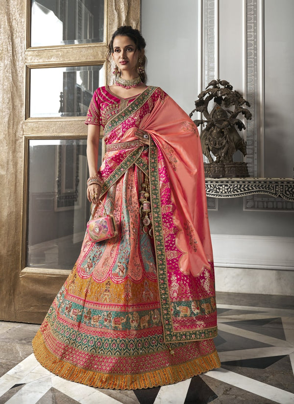 Lassya fashion Pink-Yellow Banarasi Silk Wedding Lehenga Choli