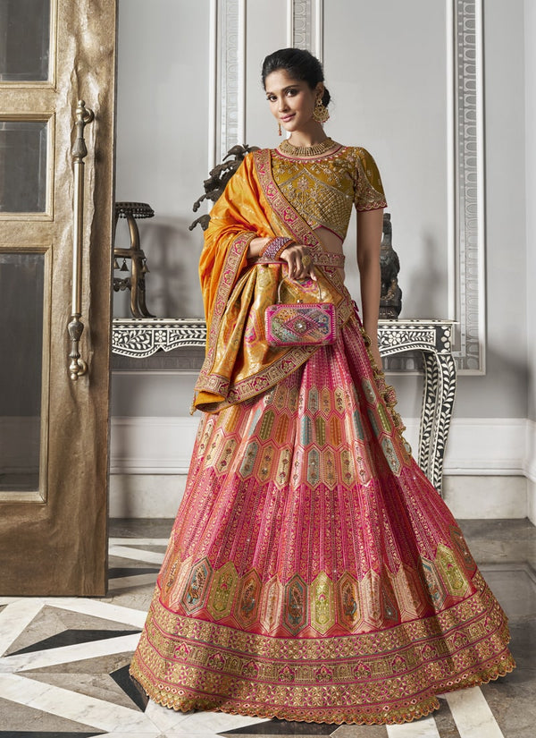 Lassya fashion Mustard Yellow-Pink Banarasi Silk Wedding Lehenga Choli