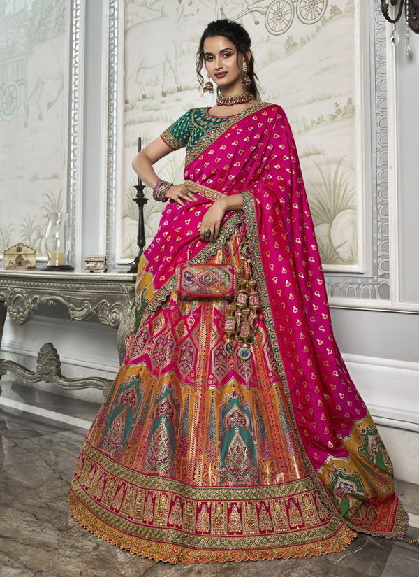 Lassya fashion Teal Green-Pink Banarasi Silk Wedding Lehenga Choli