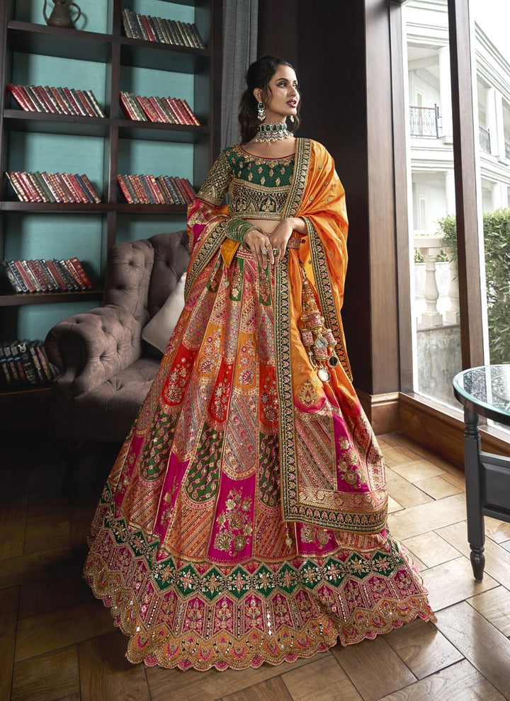 Lassya fashion Green-Orange Banarasi Silk Wedding Lehenga Choli