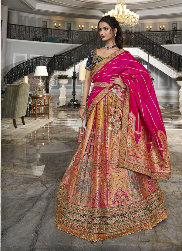 Lassya fashion Blue-Pink Banarasi Silk Wedding Lehenga Choli