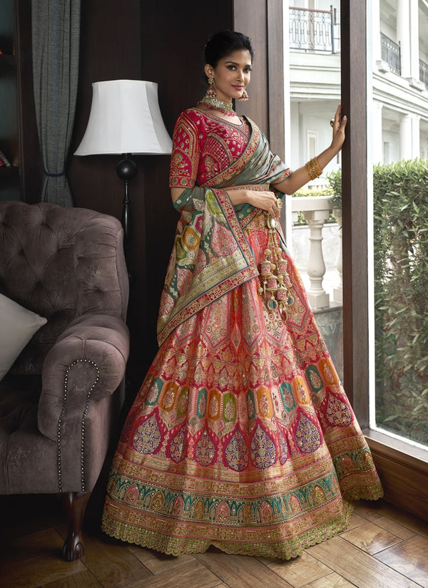 Lassya fashion Pink-Green Banarasi Silk Wedding Lehenga Choli