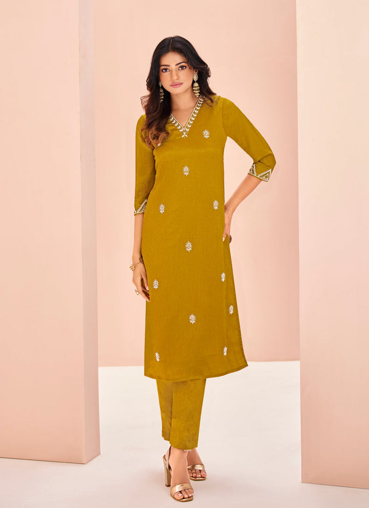 Lassya fashion Mustard Yellow Straight Salwar Suit with Chinon Fabric