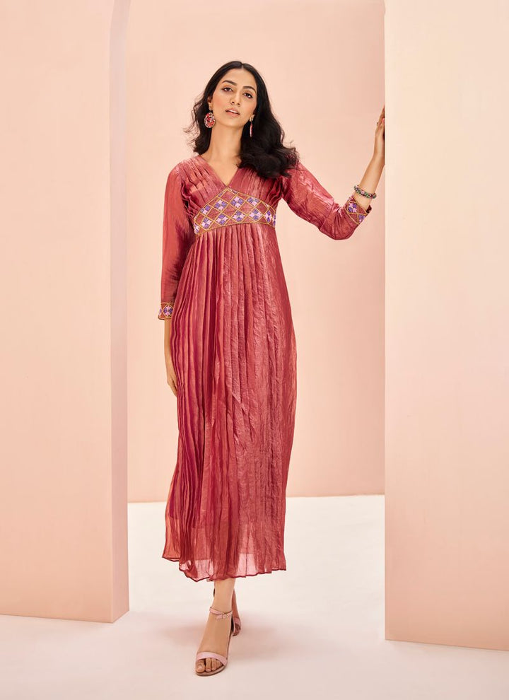 Lassya fashion Coral Red Casual Wear Gown with Organza Fabric