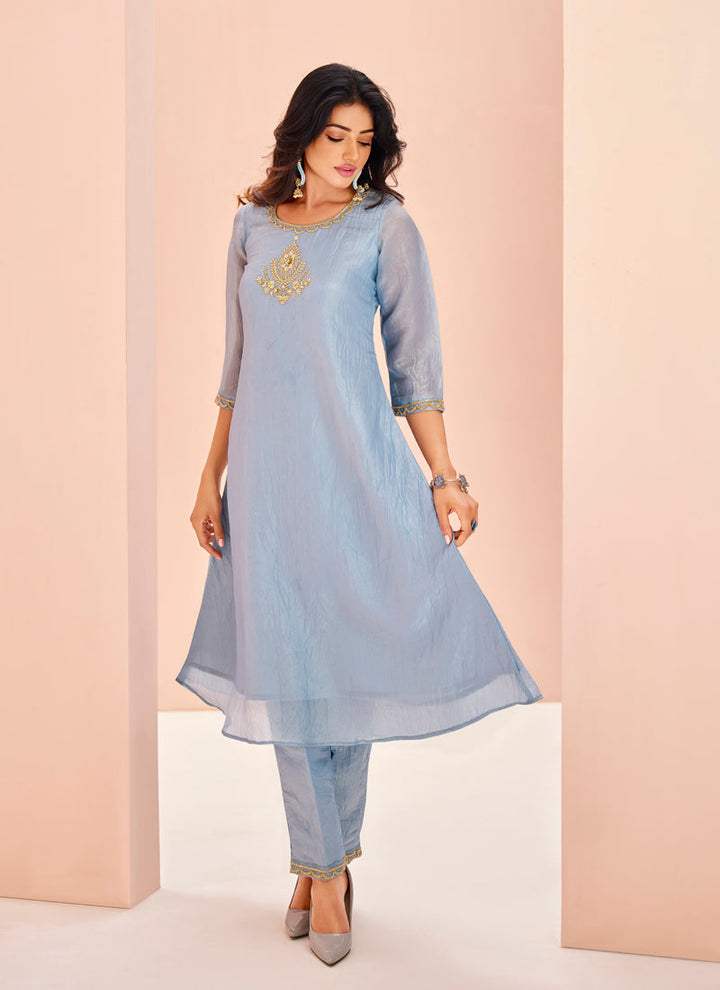 Lassya fashion Grey Straight Salwar Suit with Organza Fabric