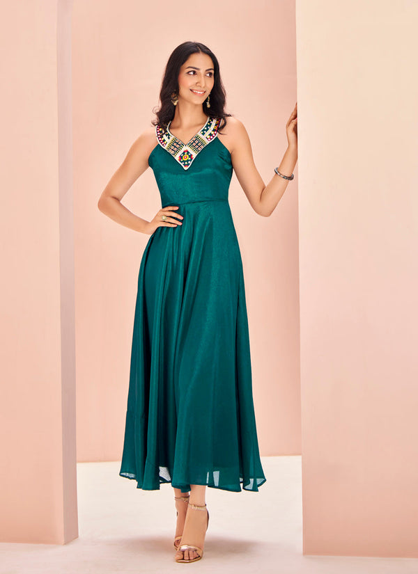 Lassya fashion Teal Green Casual Wear Gown in Chinon Fabric