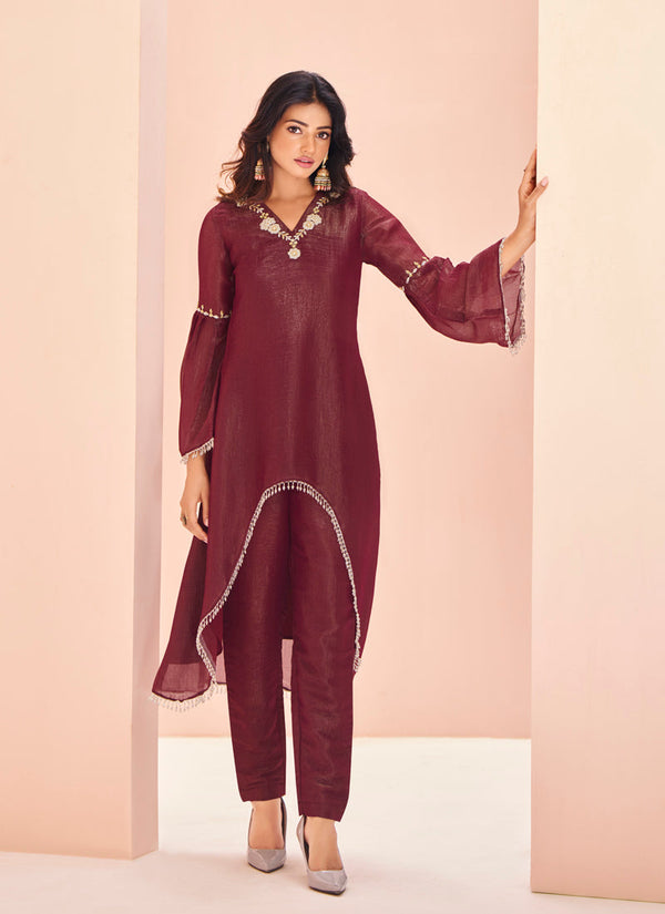 Lassya fashion Maroon Straight Salwar Suit in Organza Fabric