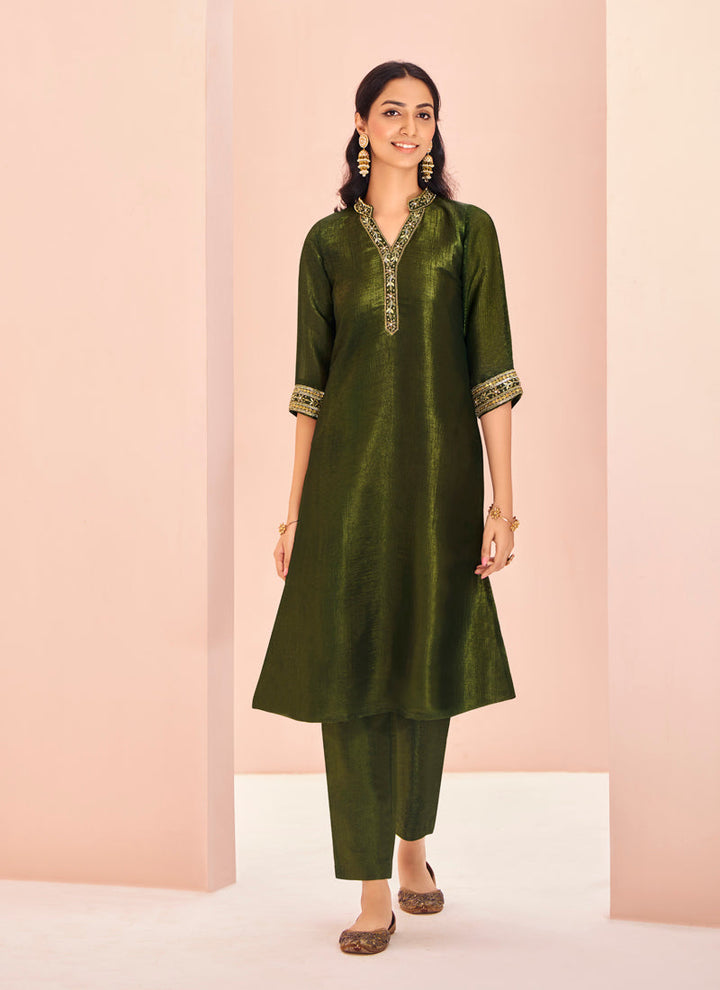 Lassya fashion Olive Green Straight Salwar Suit in Organza Fabric