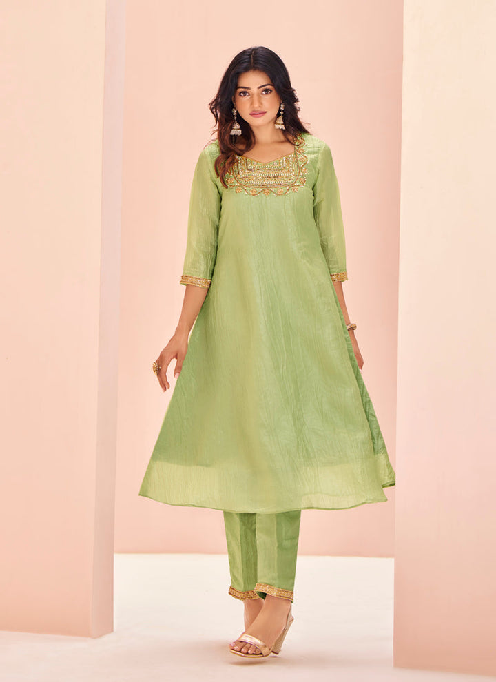 Lassya fashion Pista Green Elegant Organza Straight Salwar Suit