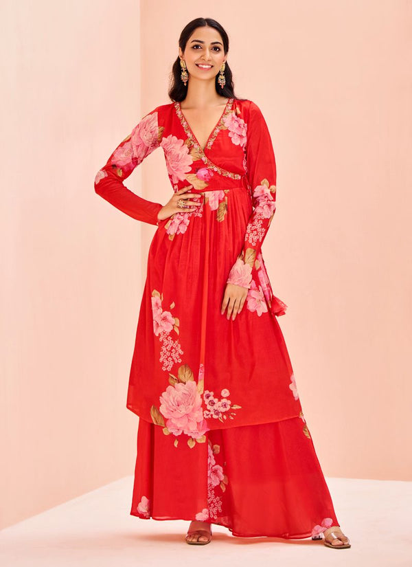 Lassya fashion Rose Red Elegant Sharara Suit in Chinon Fabric