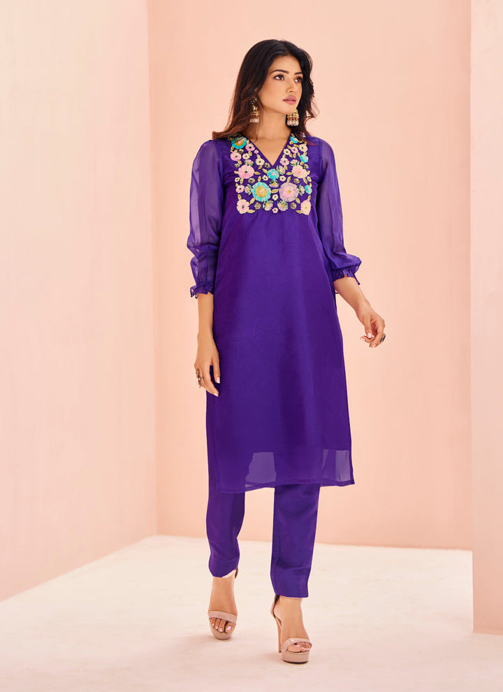 Lassya fashion Indigo Blue Elegant Straight Salwar Suit in Organza