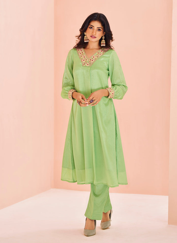 Lassya fashion Pista Green Stylish Straight Salwar Suit in Chinon Fabric