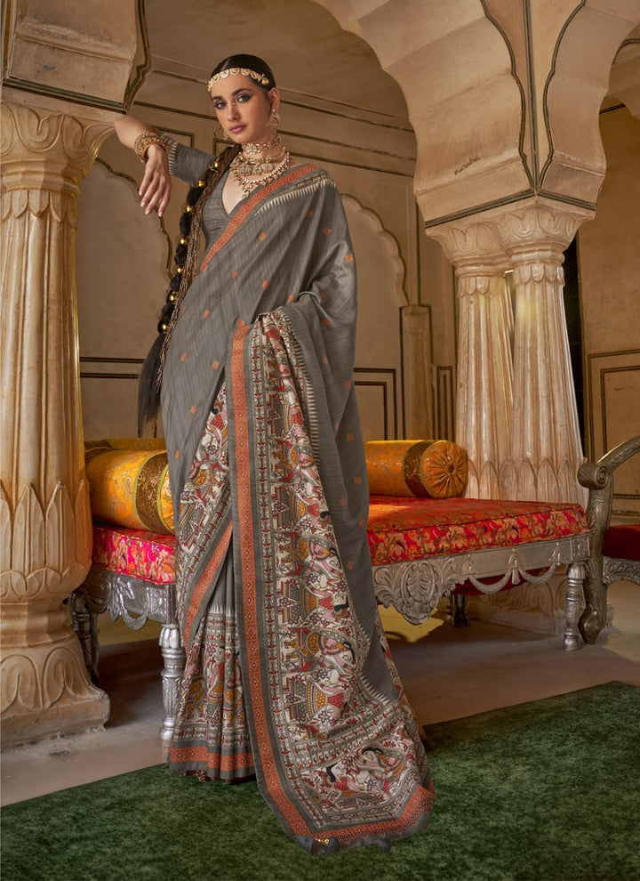 Lassya Fashion Dark Grey Party Wear Saree with Stud Work