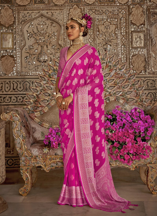 Lassya Fashion Bougainvillea Pink Georgette Wedding Saree with Buta Border