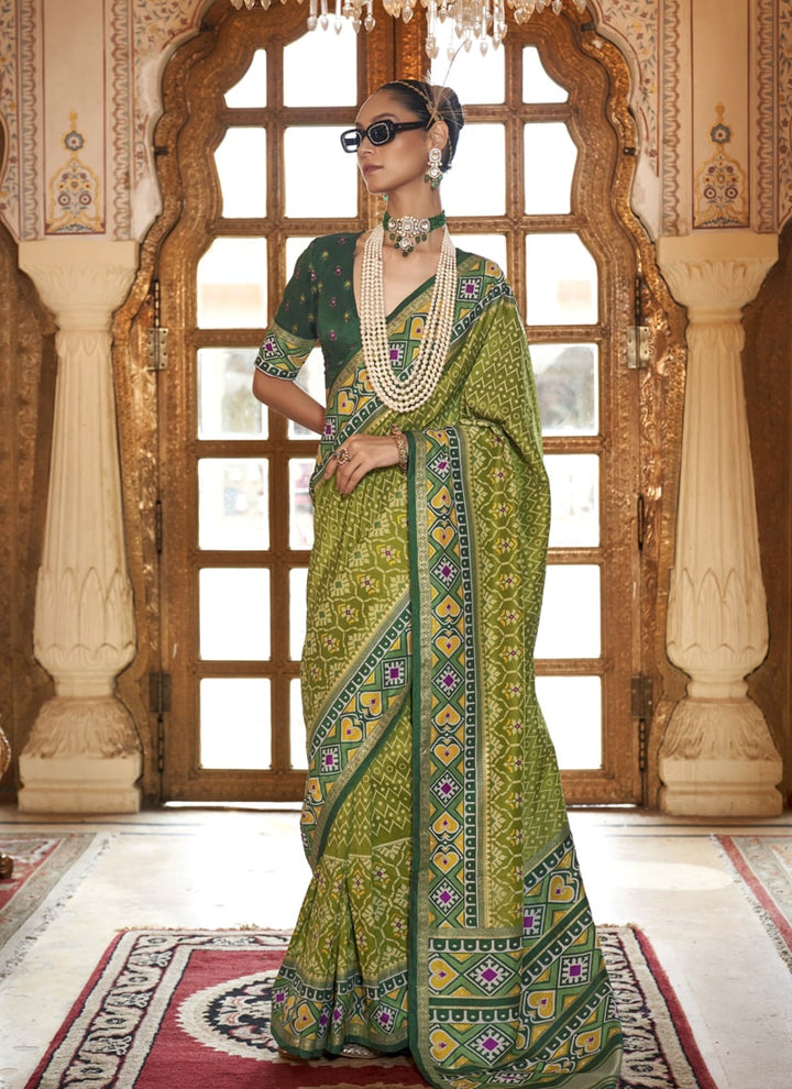 Lassya Fashion Olive Green Patola Design Festive Wear Saree