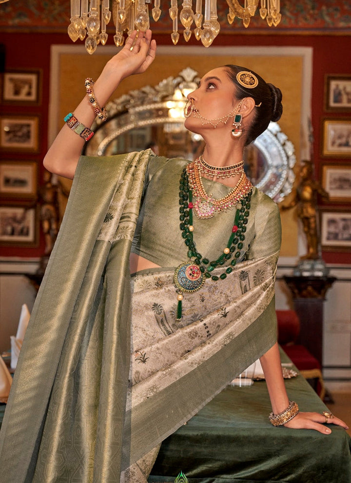 Lassya Fashion Sea Green Printed Tussar Silk Saree with Zari Border