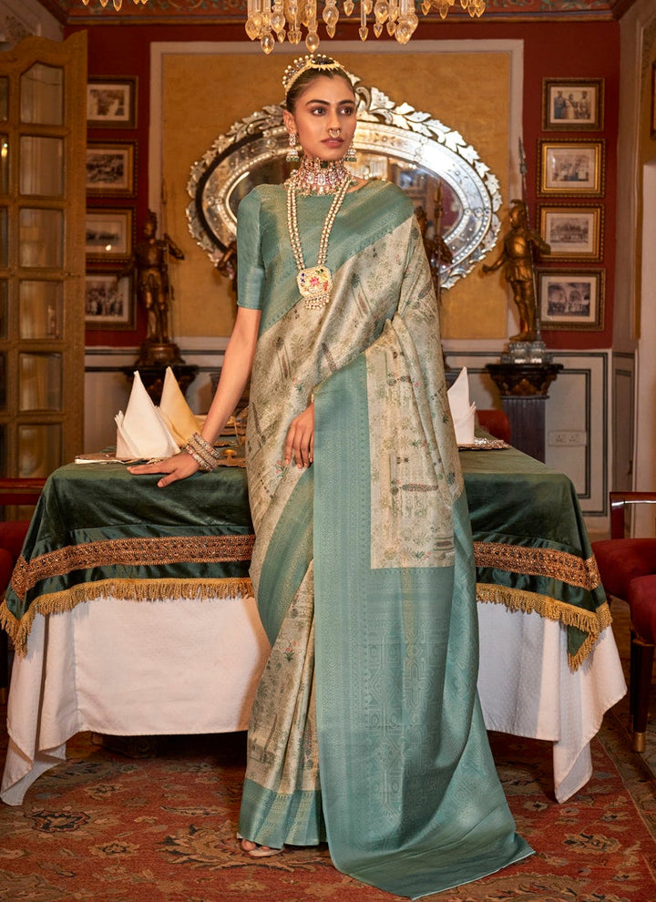 Lassya Fashion Cream-Sage Green Printed Tussar Silk Saree with Zari Border