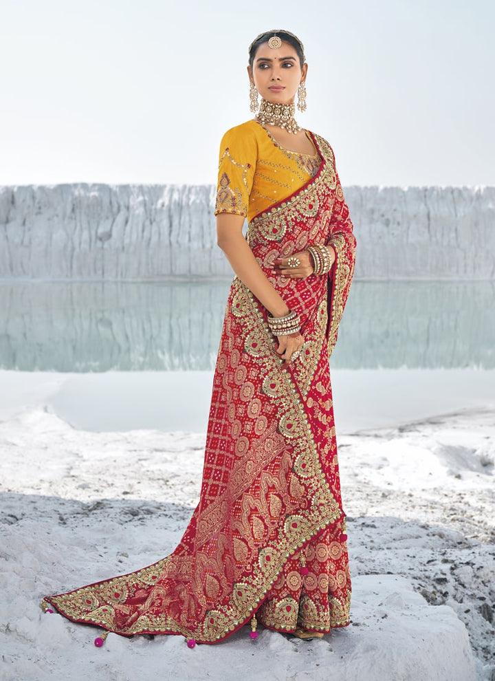 Lassya Fashion Crimson Red Bridal Georgette Bandani Patola Saree