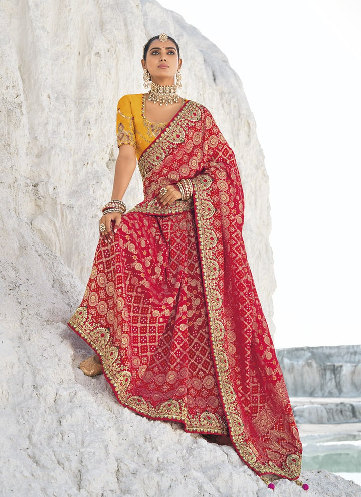 Lassya Fashion Crimson Red Bridal Georgette Bandani Patola Saree