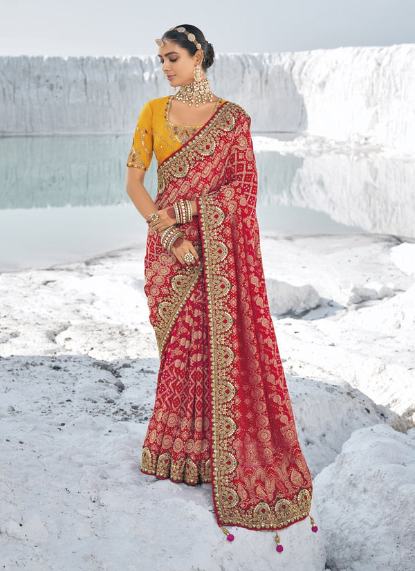 Lassya Fashion Crimson Red Bridal Georgette Bandani Patola Saree