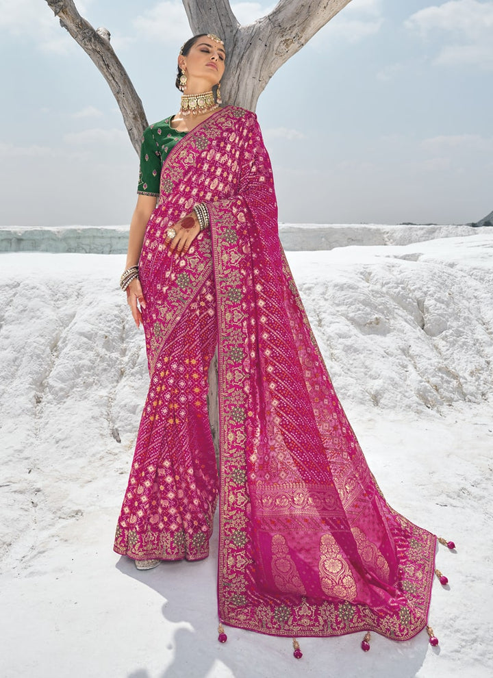 Lassya Fashion Bougainvillea Pink Bridal Georgette Bandani Patola Saree