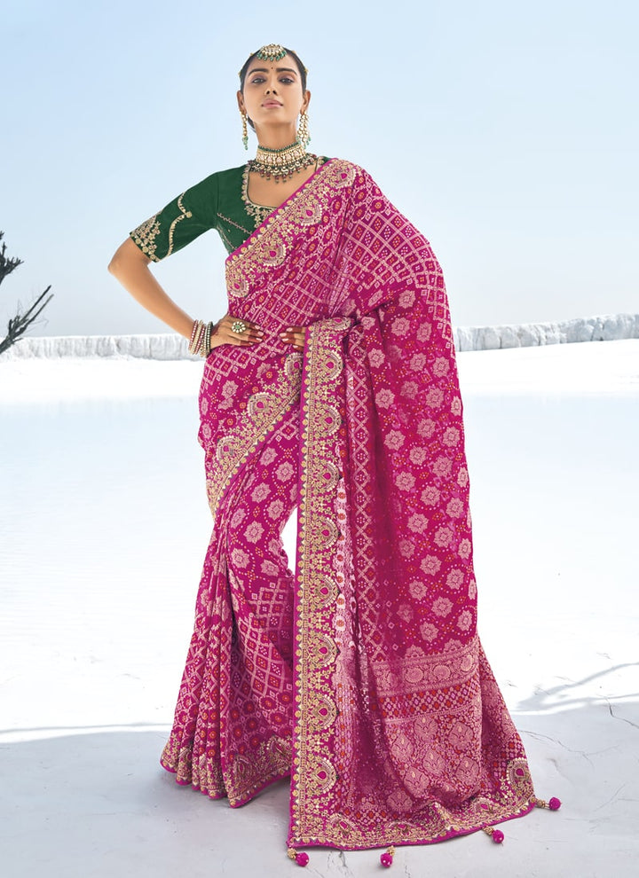 Lassya Fashion Magenta Pink Bridal Georgette Bandani Patola Saree