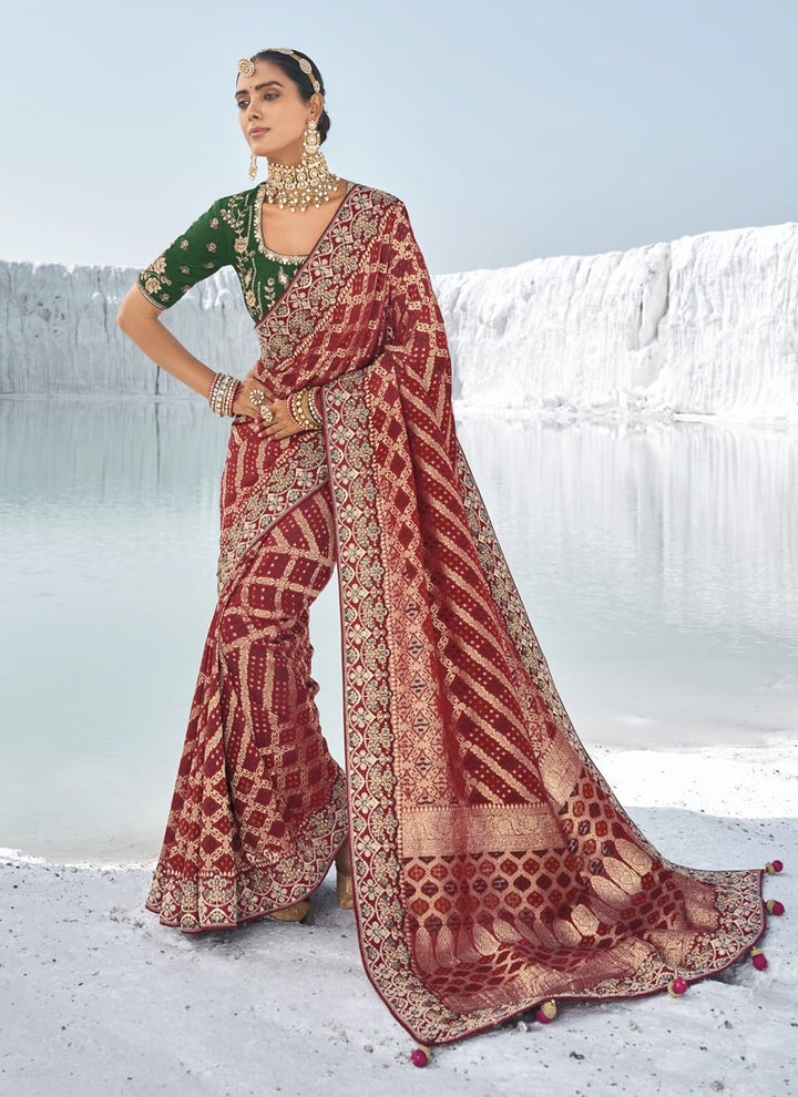 Lassya Fashion Maroon Bridal Georgette Bandani Patola Saree