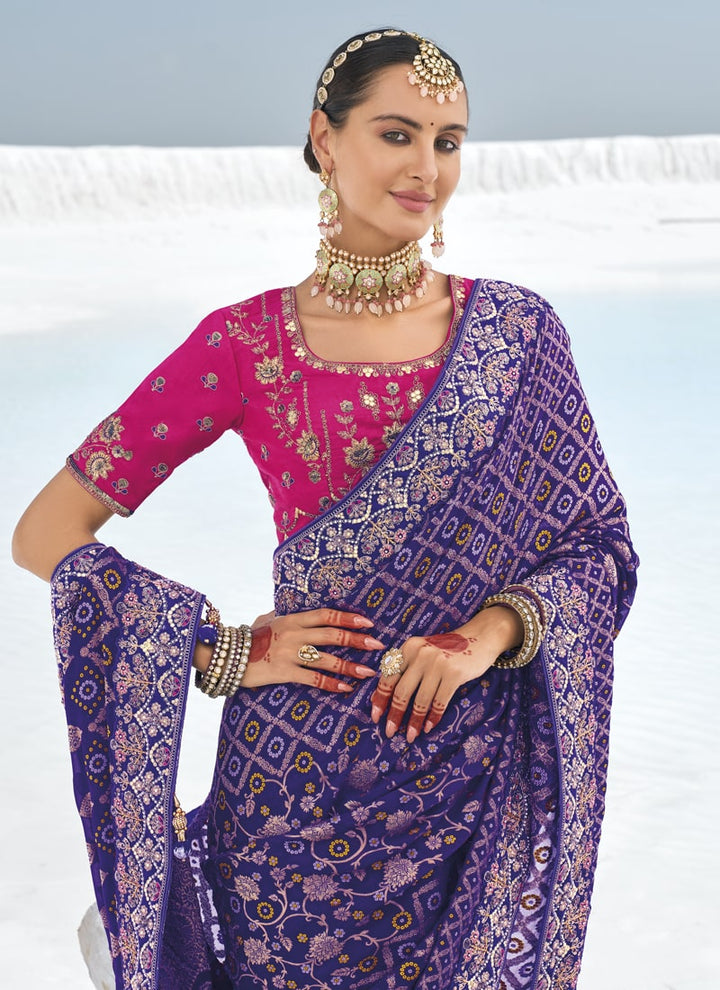 Lassya Fashion Purple Bridal Georgette Bandani Patola Saree