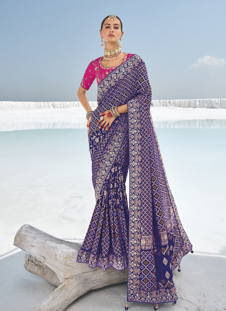 Lassya Fashion Purple Bridal Georgette Bandani Patola Saree