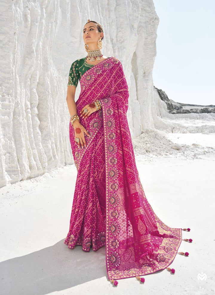 Lassya Fashion Mulberry Pink Bridal Georgette Bandani Patola Saree