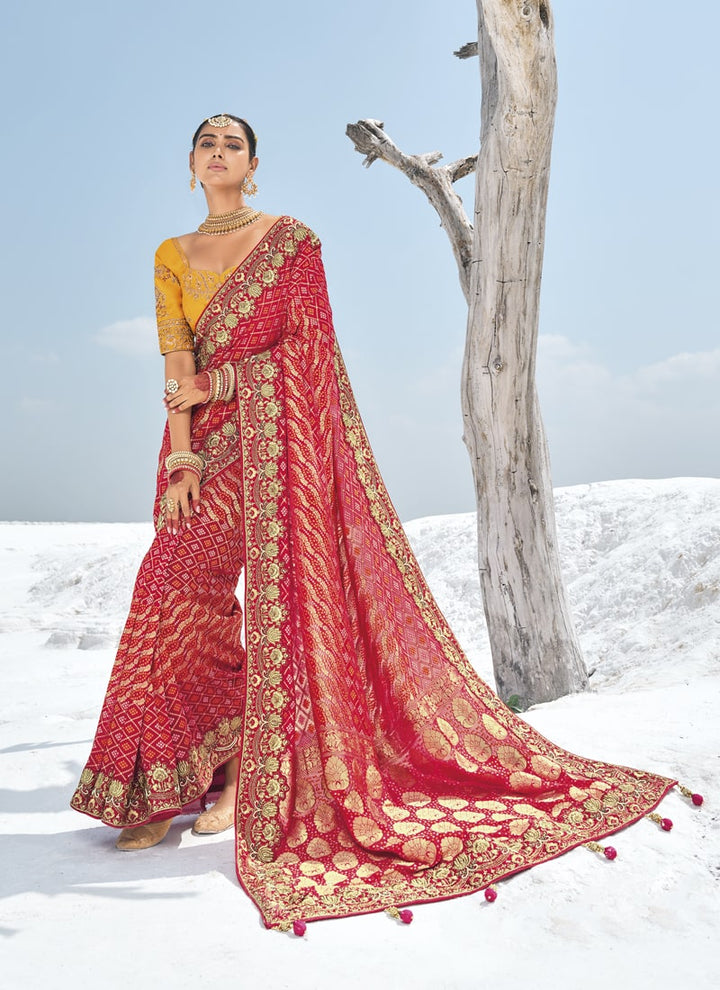 Lassya Fashion Apple Red Bridal Georgette Bandani Patola Saree