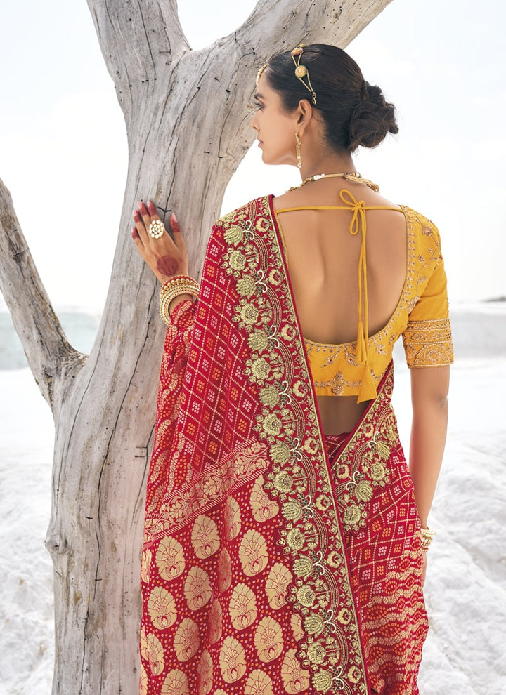 Lassya Fashion Apple Red Bridal Georgette Bandani Patola Saree