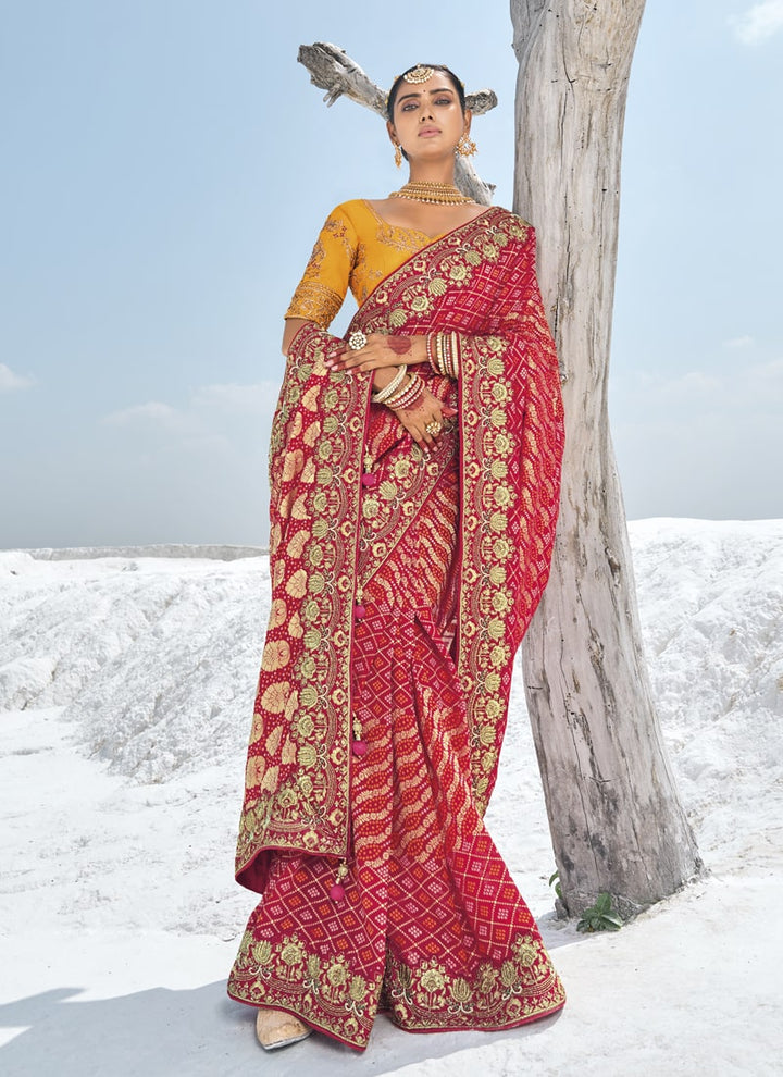 Lassya Fashion Apple Red Bridal Georgette Bandani Patola Saree