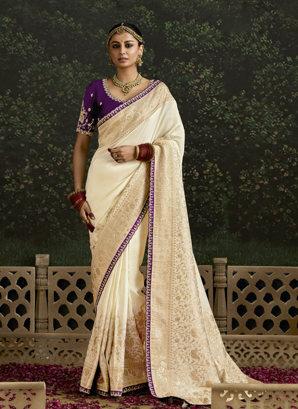 Lassya Fashion Cream Elegant Dola Silk Saree with Sequence Work