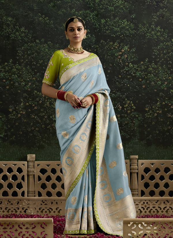 Lassya Fashion Sky Grey Elegant Dola Silk Saree with Sequence Work