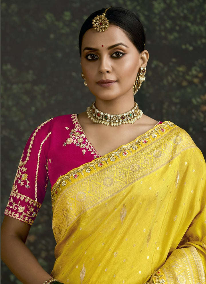 Lassya Fashion SunFlower Yellow Elegant Dola Silk Saree with Sequence Work