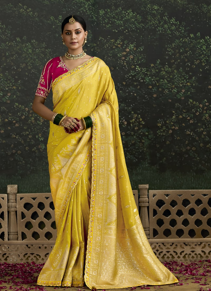 Lassya Fashion SunFlower Yellow Elegant Dola Silk Saree with Sequence Work