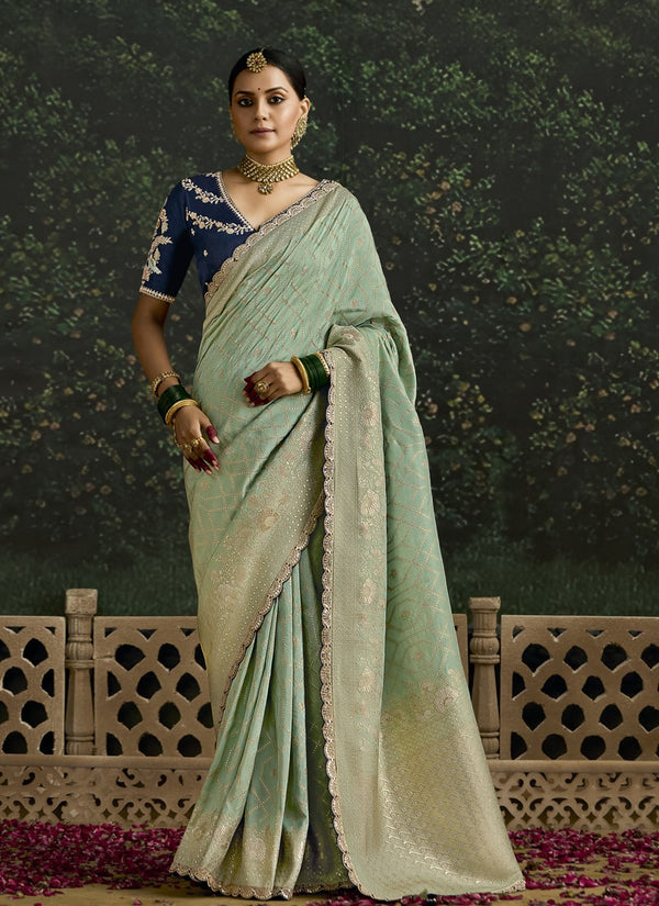 Lassya Fashion Pista Green Elegant Dola Silk Saree with Sequence Work