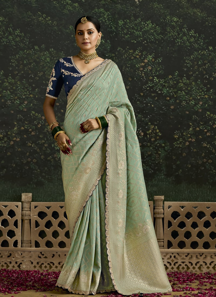 Lassya Fashion Pista Green Elegant Dola Silk Saree with Sequence Work