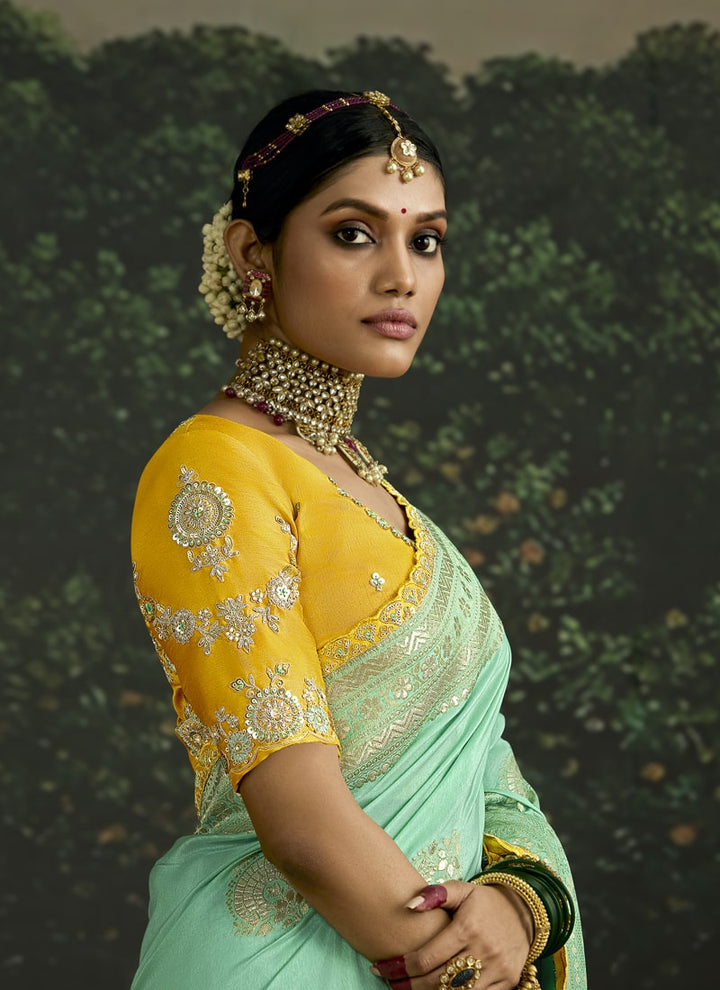 Lassya Fashion SeaFoam Green Elegant Dola Silk Saree with Sequence Work