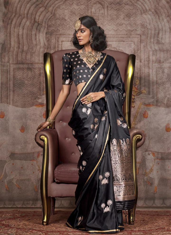 Lassya Fashion Midnight Black Party Wear Satin Silk Saree with Pichwai Blouse