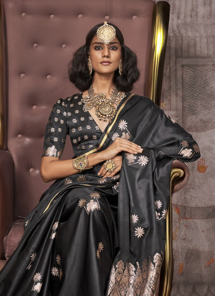 Lassya Fashion Midnight Black Party Wear Satin Silk Saree with Pichwai Blouse