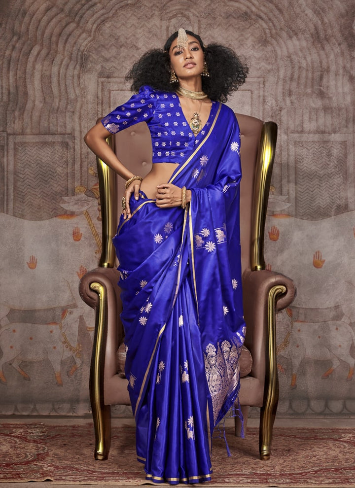 Lassya Fashion Indigo Blue Party Wear Satin Silk Saree with Pichwai Blouse