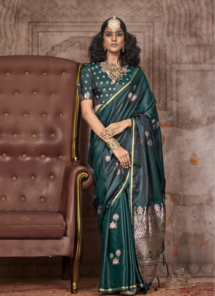 Lassya Fashion Pine Green Party Wear Satin Silk Saree with Pichwai Blouse