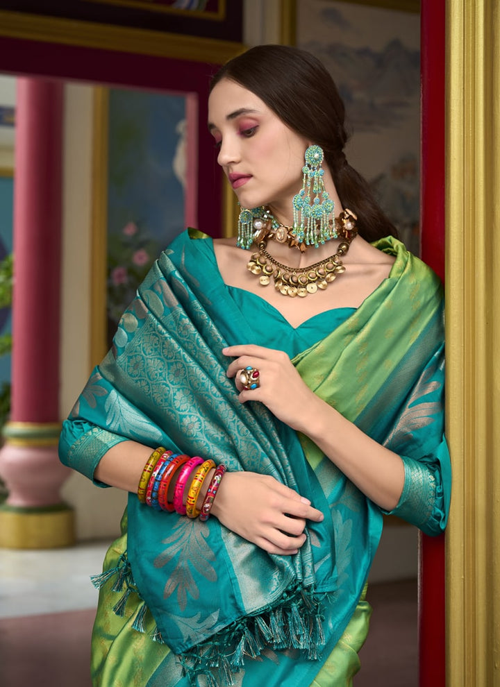 Lassya Fashion Rama & Teal Green Festive Banarasi Silk Tissue Saree