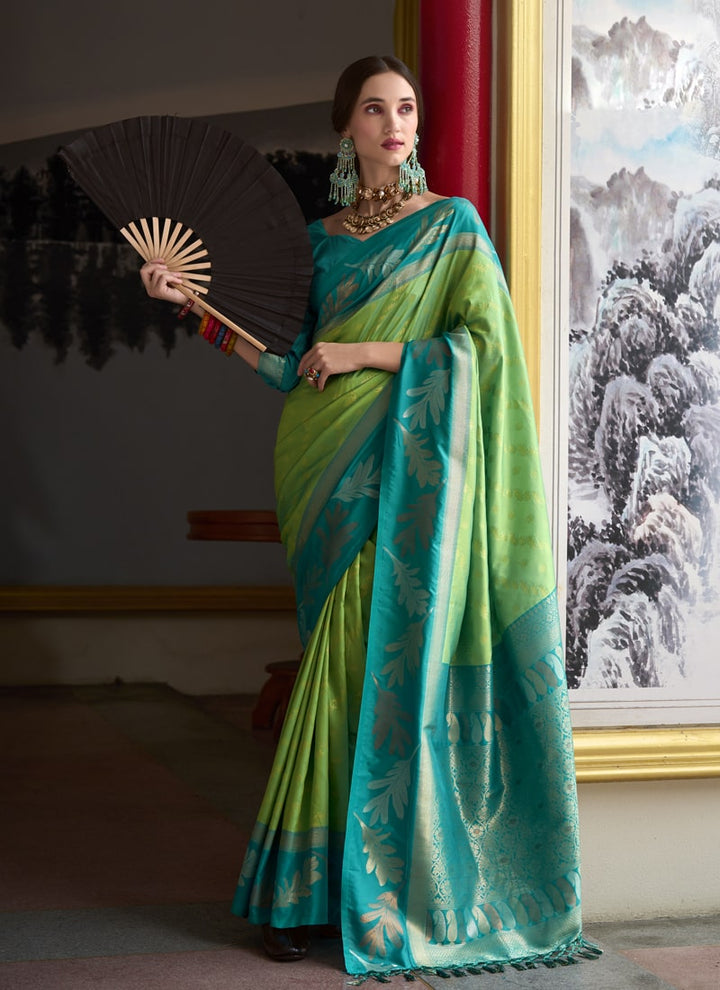 Lassya Fashion Rama & Teal Green Festive Banarasi Silk Tissue Saree