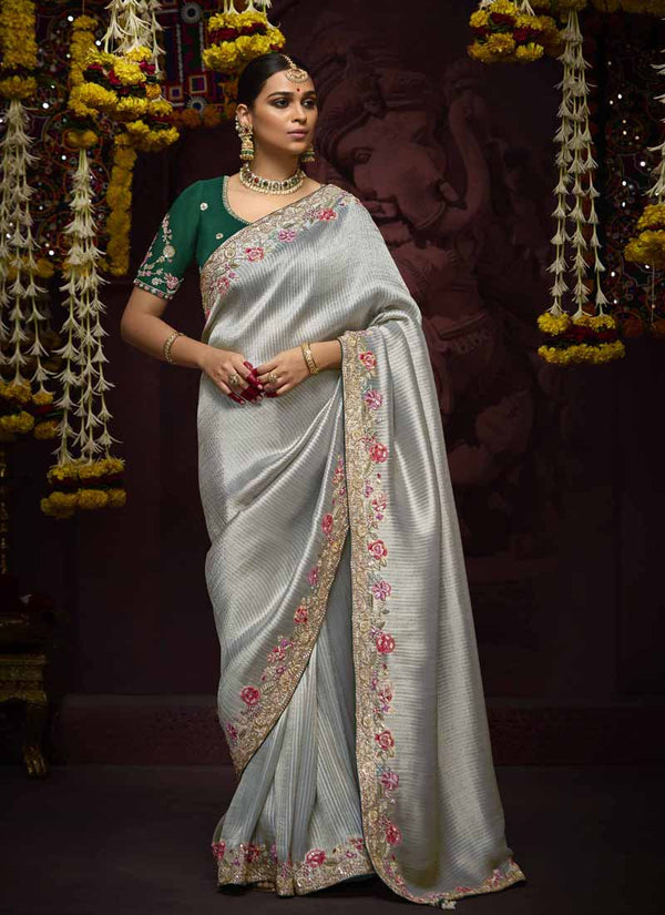 Lassya Fashion Silver Grey Luxury Banarasi Kanjivaram Wedding Saree