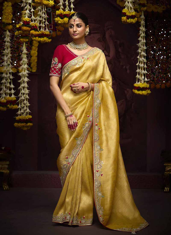 Lassya Fashion Chrome Yellow Luxury Banarasi Kanjivaram Wedding Saree