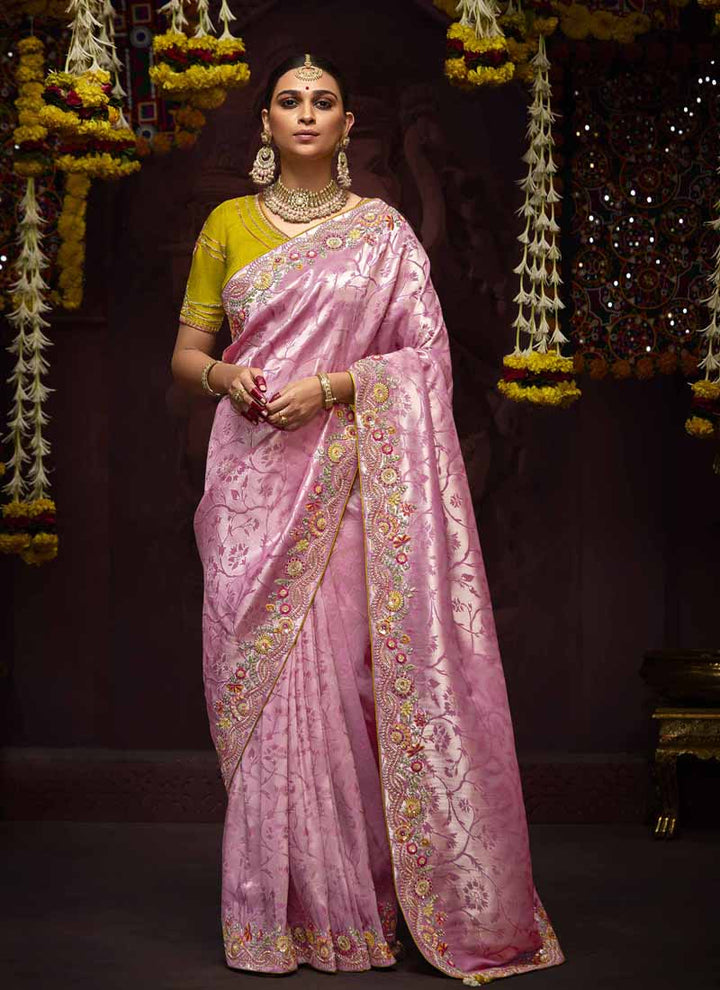 Lassya Fashion Flamingo Pink Luxury Banarasi Kanjivaram Wedding Saree