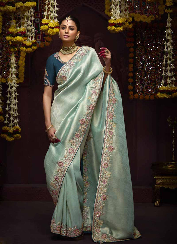 Lassya Fashion Sage Green Luxury Banarasi Kanjivaram Wedding Saree